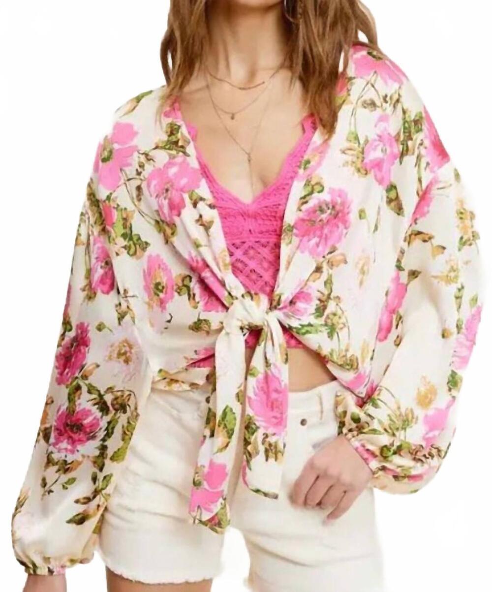 NEW LA MIEL pearl shinny fabric floral pattern front tie blouse in multicolor